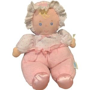 Vintage EDEN Pink Plush Baby Doll Lovey Blonde Hair Blue Eyes Rattle Terry 11”